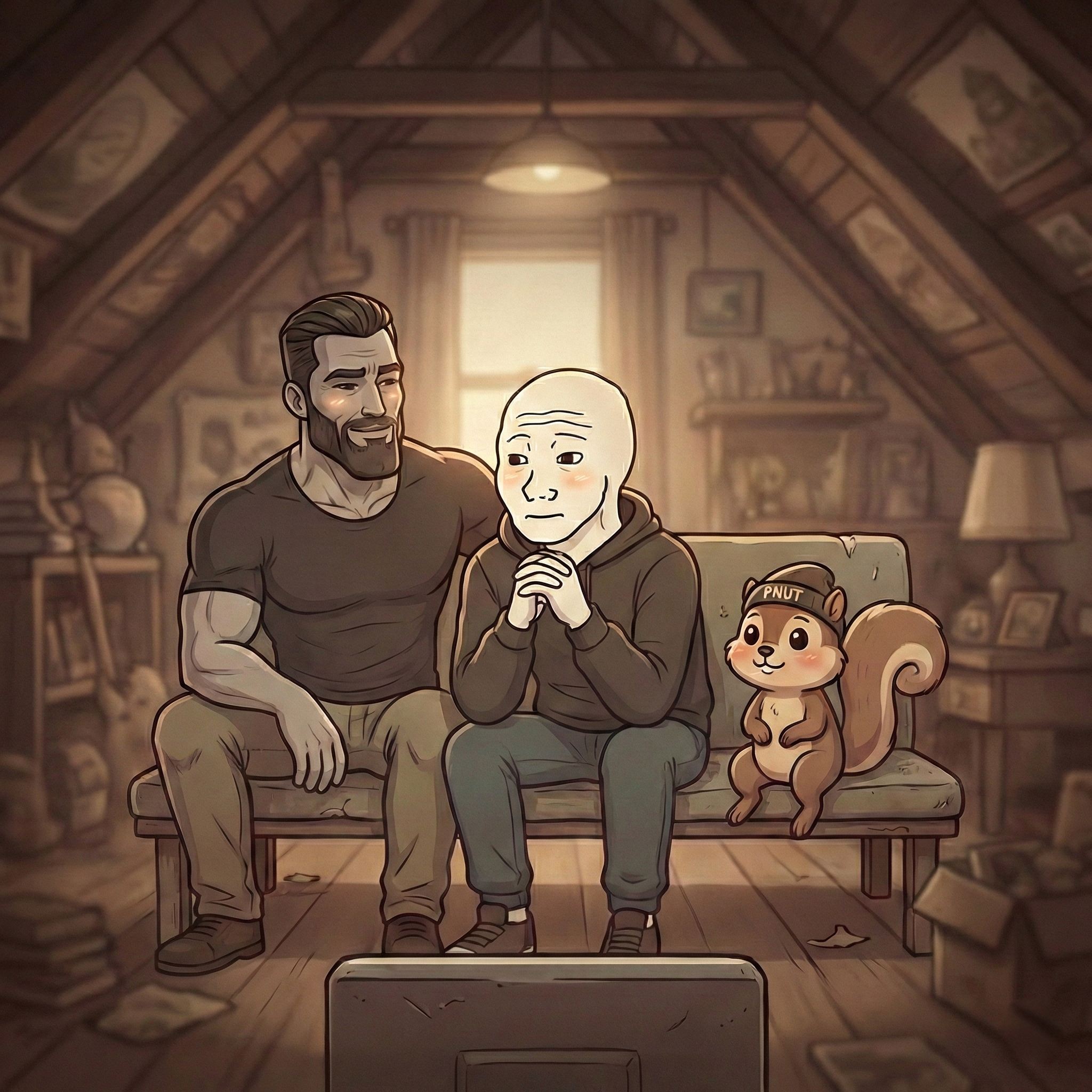 Me and The Boys - a chad, a wojak, and a squirrel named Pnut sitting on a bench in a cozy attic